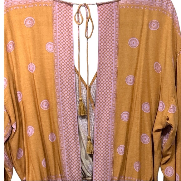 Free People On Board Bodysuit Long Sleeve Open Back Deep V Neck Pink Combo M - Picture 10 of 12